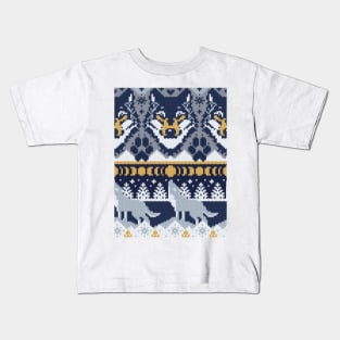 Fair isle knitting grey wolf // pattern // navy blue and grey wolves yellow moons and pine trees Kids T-Shirt